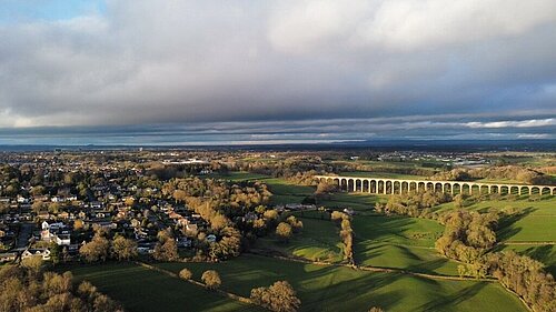 Drone shot of the crimple valley and crimple valley viaduct