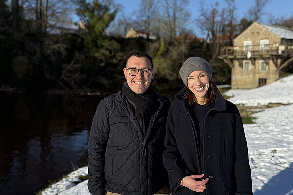 Tom Gordon and Councillor Hannah Gostlow stood in front of the River Nidd