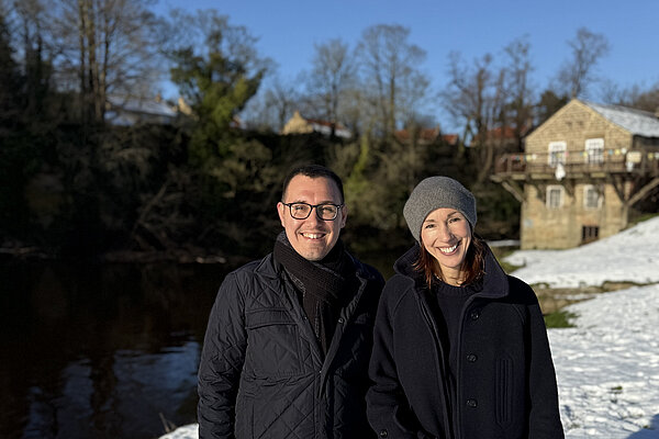 Tom Gordon MP with Councillor Hannah Gostlow in front of the River Nidd at Knaresborough Lido