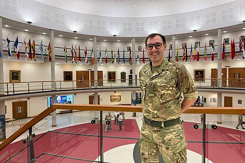 Tom Gordon in an army uniform stood at the army base in Shrivenham