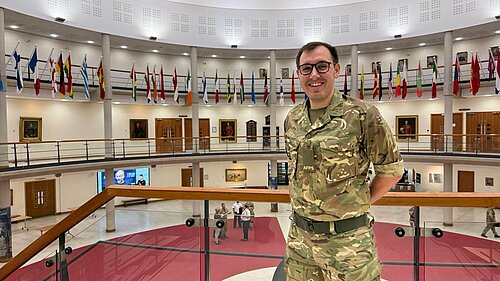 Tom Gordon in an army uniform stood at the army base in Shrivenham