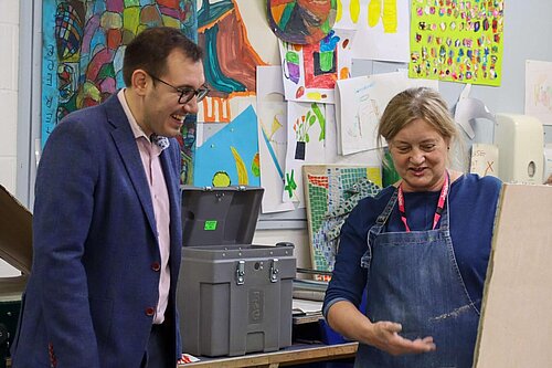 Tom Gordon in an art classroom at Henshaws College