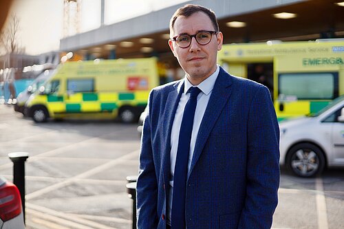 Tom outside Harrogate Hospital